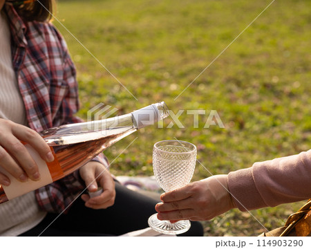 picnic in nature, pouring rose wine into a glass picnic in nature, pouring rose wine into a glass 114903290