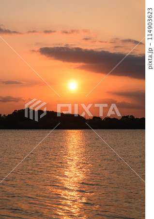 埼玉県戸田市・彩湖の向こうに沈む夕陽 114903623