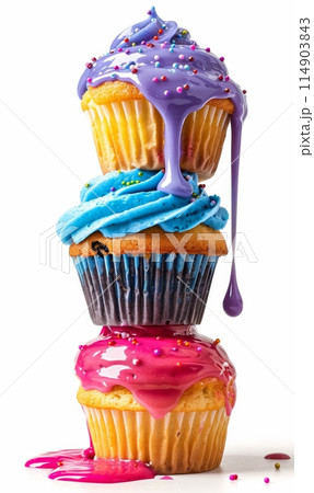 Closeup of tasty cupcakes with colorful sprinkles and glazing. Closeup of tasty cupcakes with colorful sprinkles and glazing. 114903843