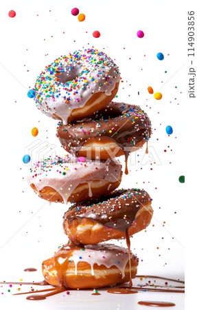 Assortment of glazing balancing donuts with dripping glaze isolated on white background 114903856