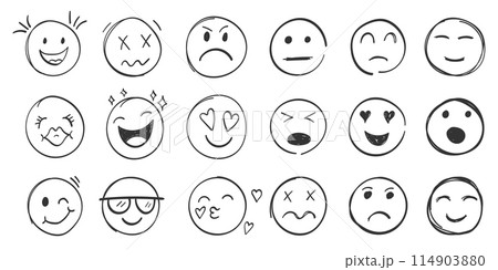 Emojis faces icon in hand drawn style. Doddle emoticons vector illustration on isolated background. Happy and sad face sign business concept. 114903880