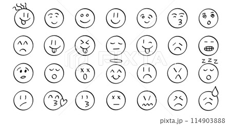 Emojis faces icon in hand drawn style. Doddle emoticons vector illustration on isolated background. Happy and sad face sign business concept. Emojis faces icon in hand drawn style. Doddle emoticons vector illustration on isolated background. Happy and sad face sign business concept. 114903888