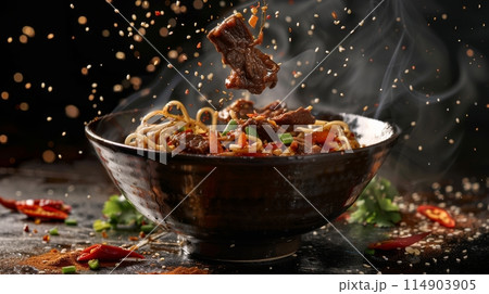 Stir fry meat, vegetables with noodles, flying ingredients. Chinese take out concept. Stir fry meat, vegetables with noodles, flying ingredients. Chinese take out concept. 114903905