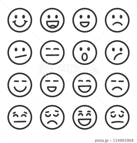 Emojis faces icon in hand drawn style. Doddle emoticons vector illustration on isolated background. Happy and sad face sign business concept. Emojis faces icon in hand drawn style. Doddle emoticons vector illustration on isolated background. Happy and sad face sign business concept. 114903908