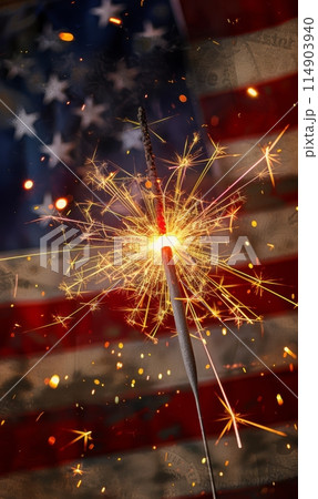 4th of July, Independence day of USA celebration, flag and sparklers 114903940