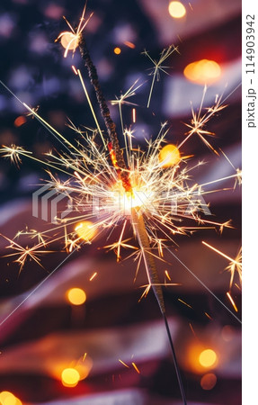 4th of July, Independence day of USA celebration, flag and sparklers 114903942