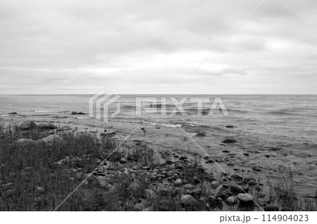 Granite stones on shore of Lake Ladoga. 114904023
