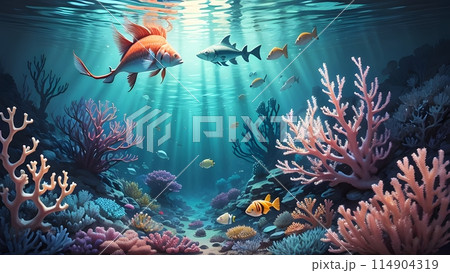 綺麗な珊瑚礁が広がる海中のイラスト 114904319