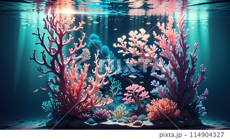 綺麗なサンゴと熱帯の綺麗な魚のイラスト 114904327