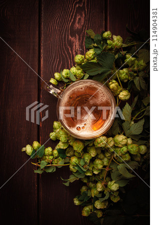A mug of beer , on a wooden table, with a branch of fresh hops, rustic , no people, A mug of beer , on a wooden table, with a branch of fresh hops, rustic , no people, 114904381