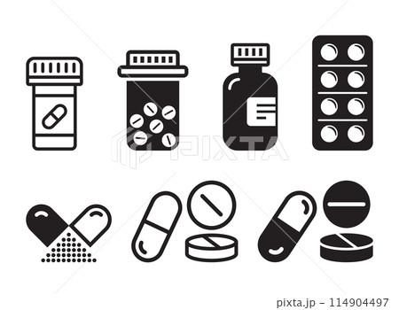 Pills capsules icon in flat style. Medical tablet vector illustration on isolated background. Healthcare drug sign business concept. Pills capsules icon in flat style. Medical tablet vector illustration on isolated background. Healthcare drug sign business concept. 114904497