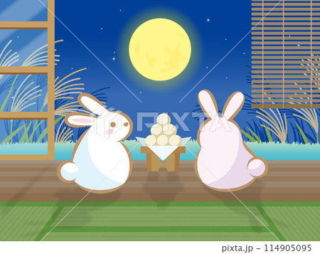 和室の縁側からお月見をする二匹のうさぎ（横）のイラスト素材