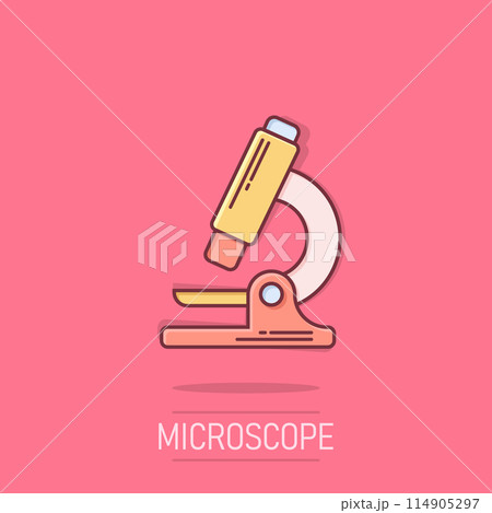 Microscope icon in comic style. Laboratory magnifier cartoon vector illustration on isolated background. Biology instrument splash effect sign business concept. Microscope icon in comic style. Laboratory magnifier cartoon vector illustration on isolated background. Biology instrument splash effect sign business concept. 114905297