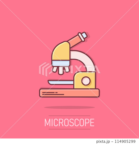 Microscope icon in comic style. Laboratory magnifier cartoon vector illustration on isolated background. Biology instrument splash effect sign business concept. 114905299