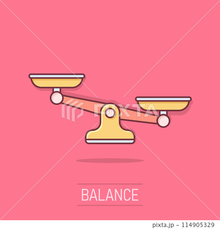 Scales icon in comic style. Libra cartoon vector illustration on isolated background. Mass comparison splash effect sign business concept. 114905329