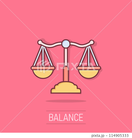 Scales icon in comic style. Libra cartoon vector illustration on isolated background. Mass comparison splash effect sign business concept. 114905333