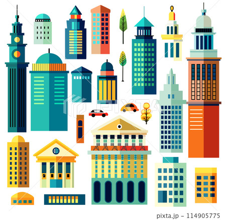 Landscape set of buildings silhouetted of low-rise and high-rise complexes Landscape set of buildings silhouetted of low-rise and high-rise complexes 114905775
