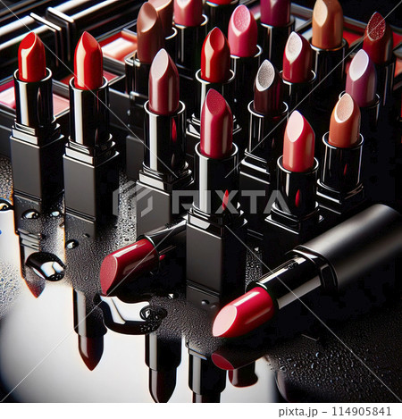 Photograph of lipsticks of various shades in black cases, which stand in a row diagonally on a black background, reflected from a glossy surface Photograph of lipsticks of various shades in black cases, which stand in a row diagonally on a black background, reflected from a glossy surface 114905841