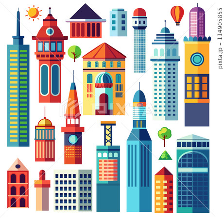 Landscape set of buildings silhouetted on white background. 114905855