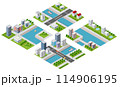 Isometric illustration of a city waterfront with a river, yachts and buildings 114906195