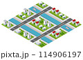 Isometric illustration of a city waterfront with a river, yachts and buildings 114906197