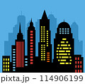 Landscape set of buildings silhouetted on blue background. A black outline 114906199