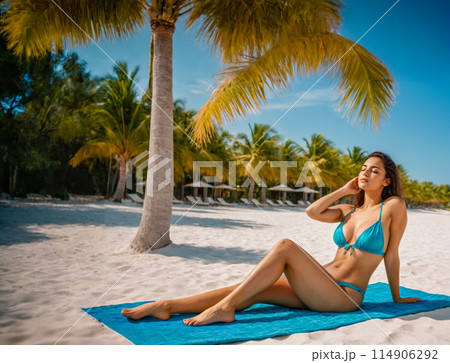 Woman Sunbathing on Tropical Beach in Blue Bikini 114906292