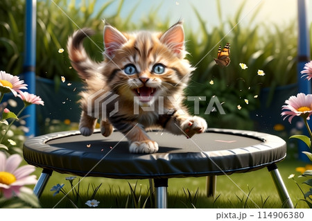 happy positive kitten jumping on a large trampoline, happy childhood 114906380