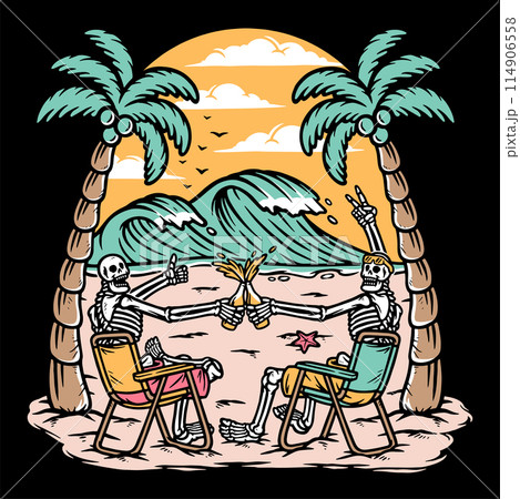 enjoying a beer with friends on the beach illustration 114906558