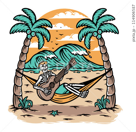 Skull playing guitar on the beach 114906587