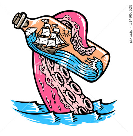 sailing ship in bottle and giant octopus attack sailing ship in bottle and giant octopus attack 114906629