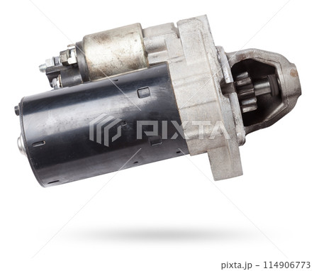 Starter of an internal combustion engine New Spare part for car on a white background. Spare parts catalog. 114906773