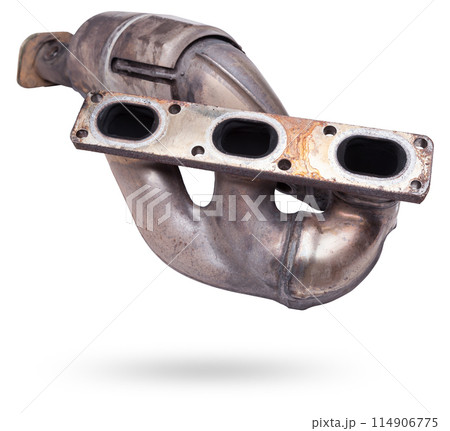 Automotive catalyst removed from a vehicle for repair with a ceramic coating inside as part of an exhaust system to remove harmful emissions in a car repair shop Automotive catalyst removed from a vehicle for repair with a ceramic coating inside as part of an exhaust system to remove harmful emissions in a car repair shop 114906775