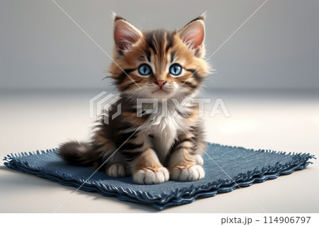portrait of a cute white kitten with long hair, obedient and cute, sitting on a rug in an empty room 114906797
