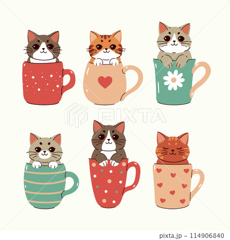 A set of cute kawaii cats sitting in mugs. Vector graphics 114906840