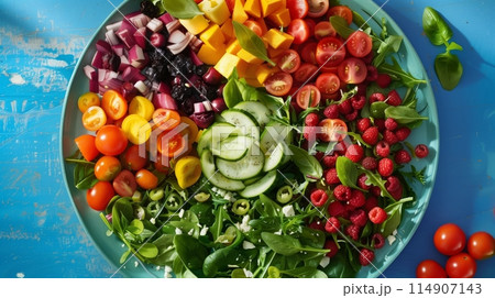 Geometric salad with colorful, meticulously arranged ingredients forming stunning patterns. 114907143