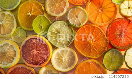 Overhead view of vibrant, arranged citrus slices. Overhead view of vibrant, arranged citrus slices. 114907239