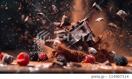 "Chocolate Explosion: dessert, berries, and cocoa in an energetic display." 114907314