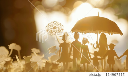 "Paper cutout family under umbrella depicts life insurance's shield." 114907315