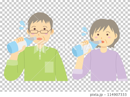 Set of illustrations of elderly men and women hydrating 114907333
