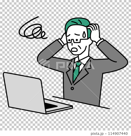 A middle-aged man in a suit working on a laptop computer panicking 114907440