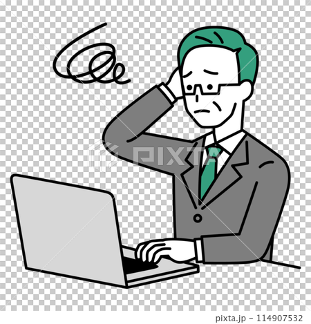 A man in a suit working on a laptop looking confused A man in a suit working on a laptop looking confused 114907532