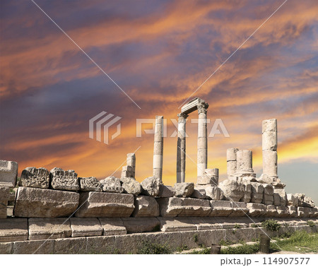 Amman city landmarks-- old roman Citadel Hill, Jordan. Against the background of a beautiful sky with clouds 114907577