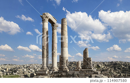 Amman city landmarks-- old roman Citadel Hill, Jordan. Against the background of a beautiful sky with clouds 114907580
