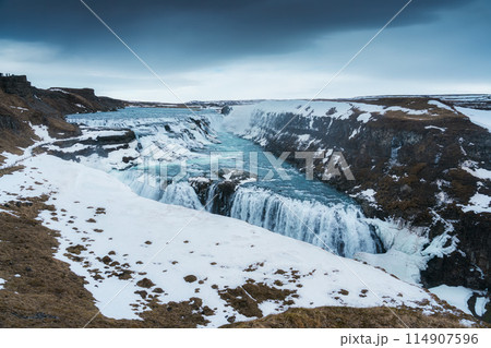 Gullfoss waterfall flowing in Hvita river canyon during winter at Iceland 114907596