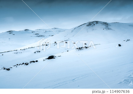Group of tourists riding snowmobiles on snowy glacier mountain 114907636
