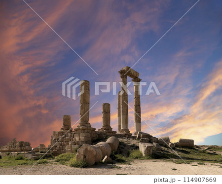 Amman city landmarks-- old roman Citadel Hill, Jordan. Against the background of a beautiful sky with clouds 114907669