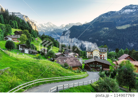Scenery of Wengen mountain village with Lauterbrunnen valley and Jungfrau mountain in Bernese Oberland at Bern, Switzerland 114907769