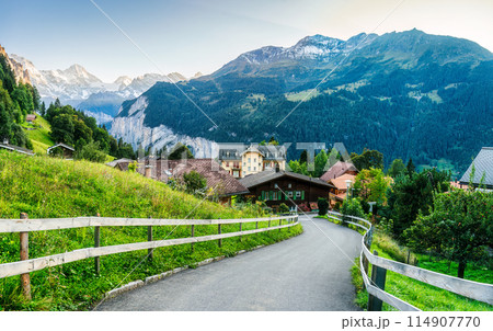 Scenery of Wengen mountain village with Lauterbrunnen valley and Jungfrau mountain in Bernese Oberland at Bern, Switzerland 114907770