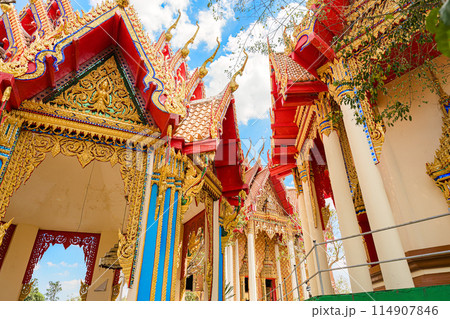 Golden carved chapel Thai culture of Wat Tham Sua, Tiger Cave in Kanchanaburi 114907846